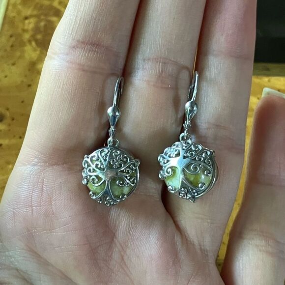 Natural Connemara Marble Sterling Silver Tree of Life Earrings - Picture 7 of 8